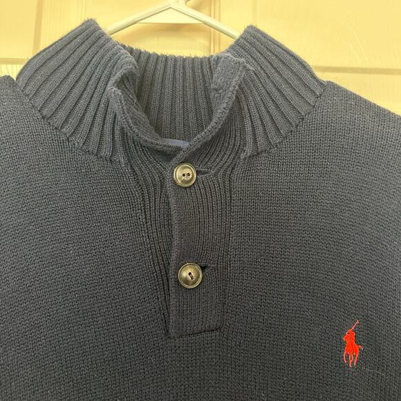 Polo Ralph Lauren Button Up Collar Knit Sweater Size L Navy Blue 100% Cotton - Picture 4 of 7